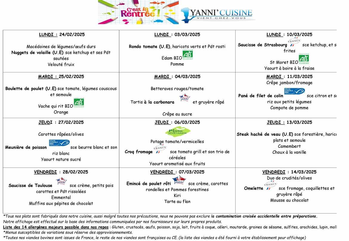 Menus du 14 fevrier au 14 mars