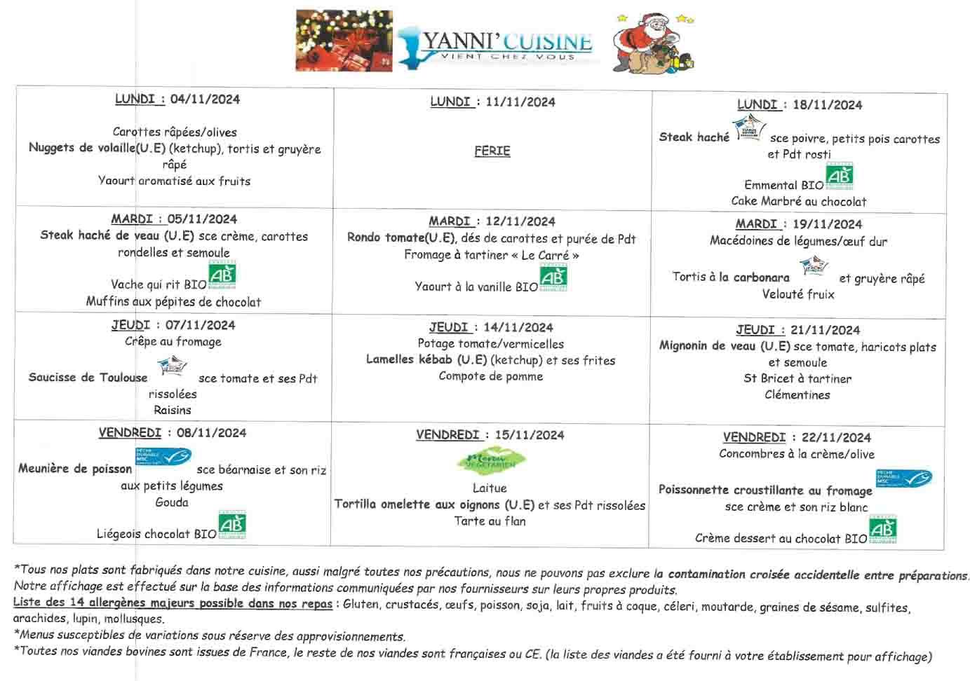 Menus du 4 au 22 novembre